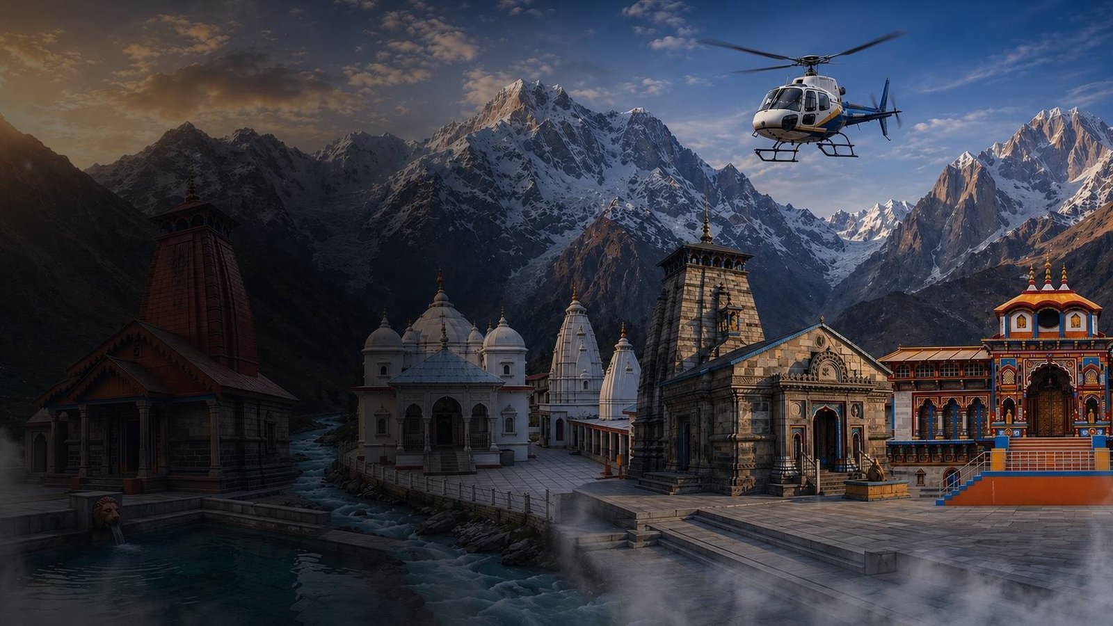A Saffron Chariot helicopter flying over the Char Dham temples and snow-capped Himalayan peaks at sunrise
