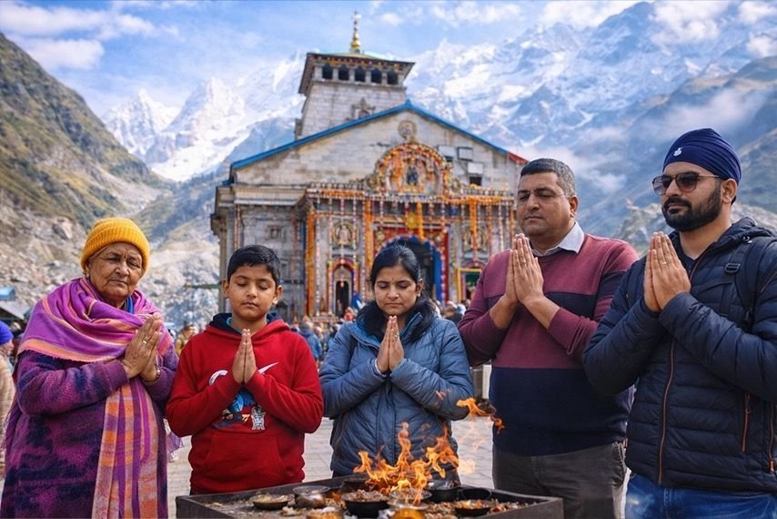 Family offering aarti in front of Kedarnath temple with snow peaks